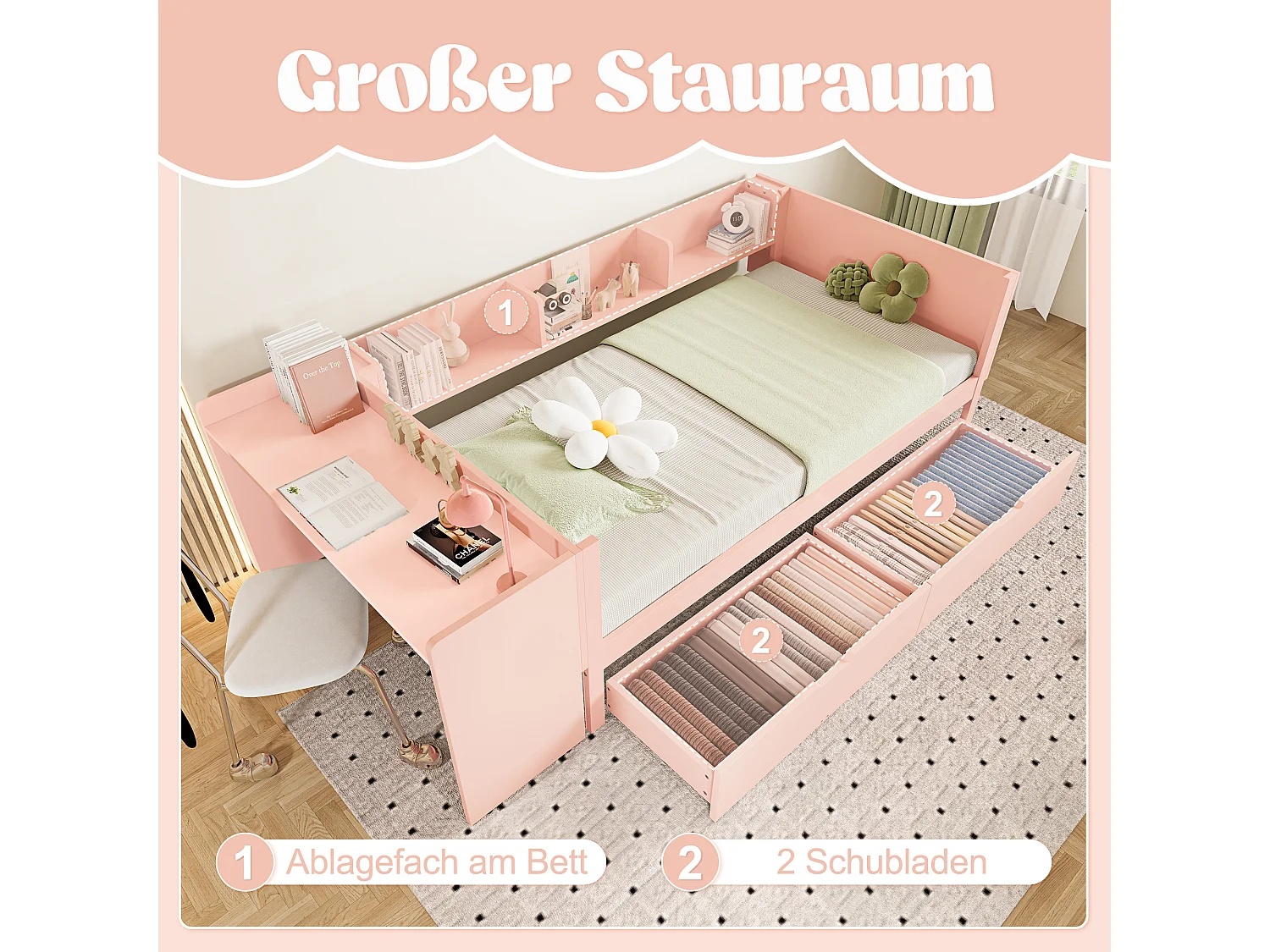 cama plana com compartimento de arrumação - 90 x 200 cm - 2 gavetas + secretária - sem colchão - pinho + aglomerado - rosa