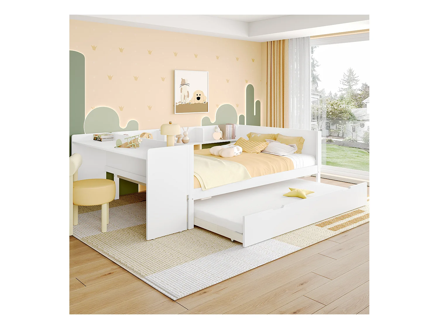 lit gigogne - 140 x 200 cm + 90 x 190 cm - rangements + bureau - sans matelas - pin + aggloméré - blanc