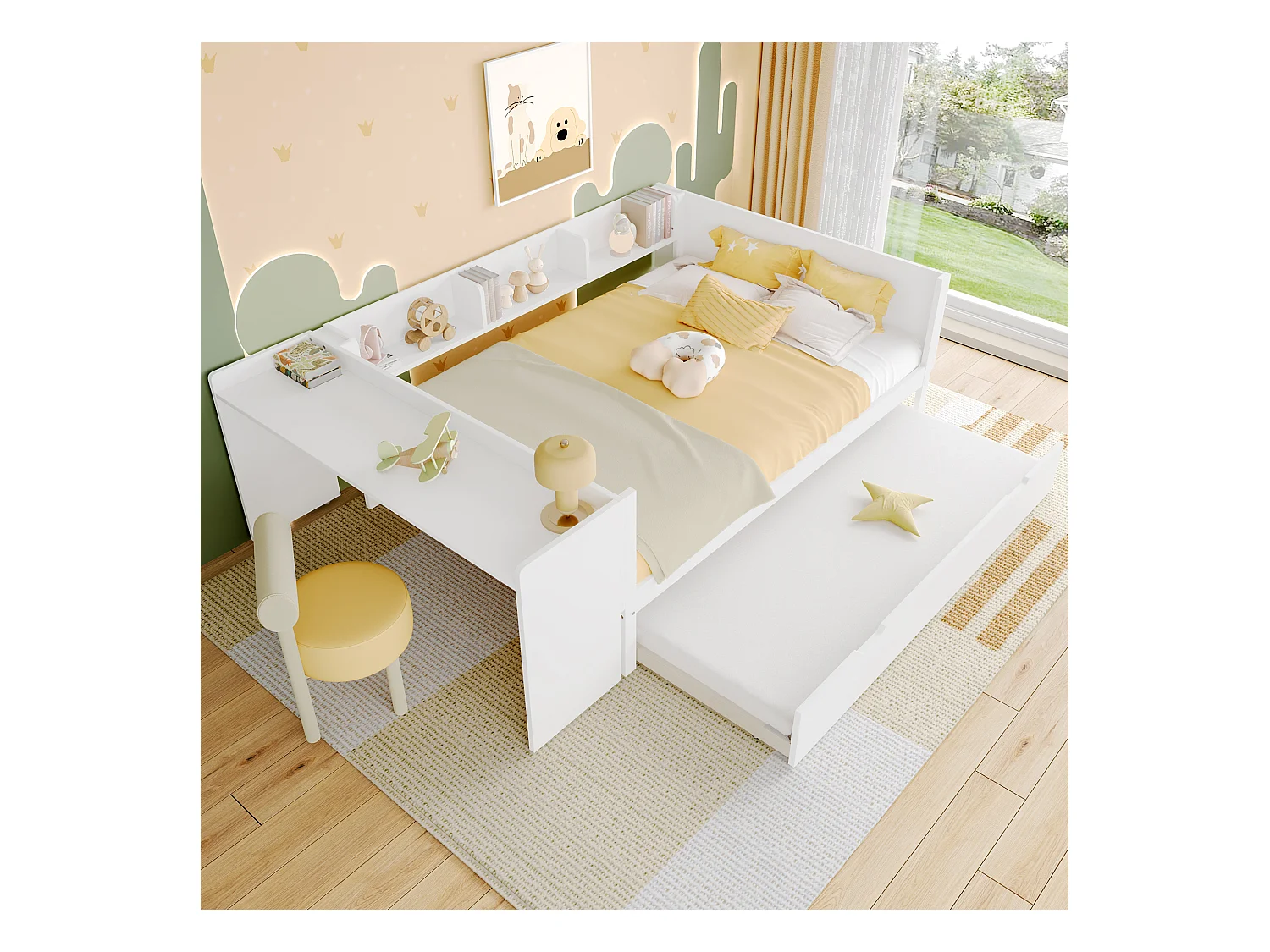 lit gigogne - 140 x 200 cm + 90 x 190 cm - rangements + bureau - sans matelas - pin + aggloméré - blanc