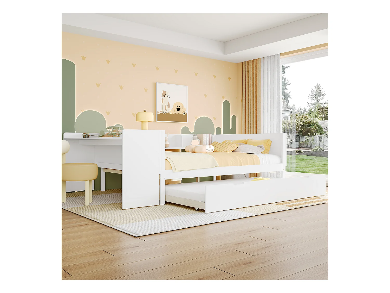 lit gigogne - 140 x 200 cm + 90 x 190 cm - rangements + bureau - sans matelas - pin + aggloméré - blanc