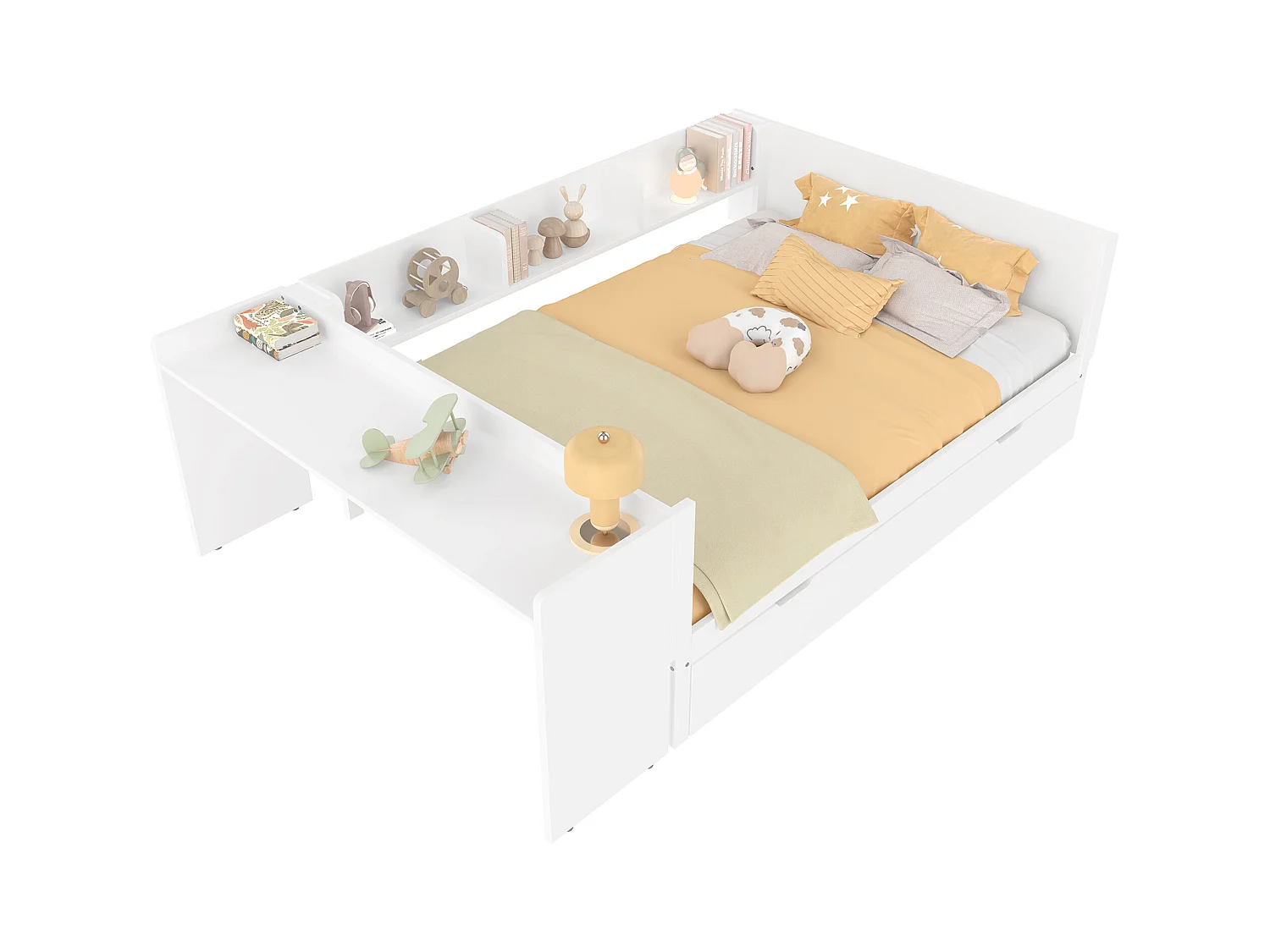 lit gigogne - 140 x 200 cm + 90 x 190 cm - rangements + bureau - sans matelas - pin + aggloméré - blanc