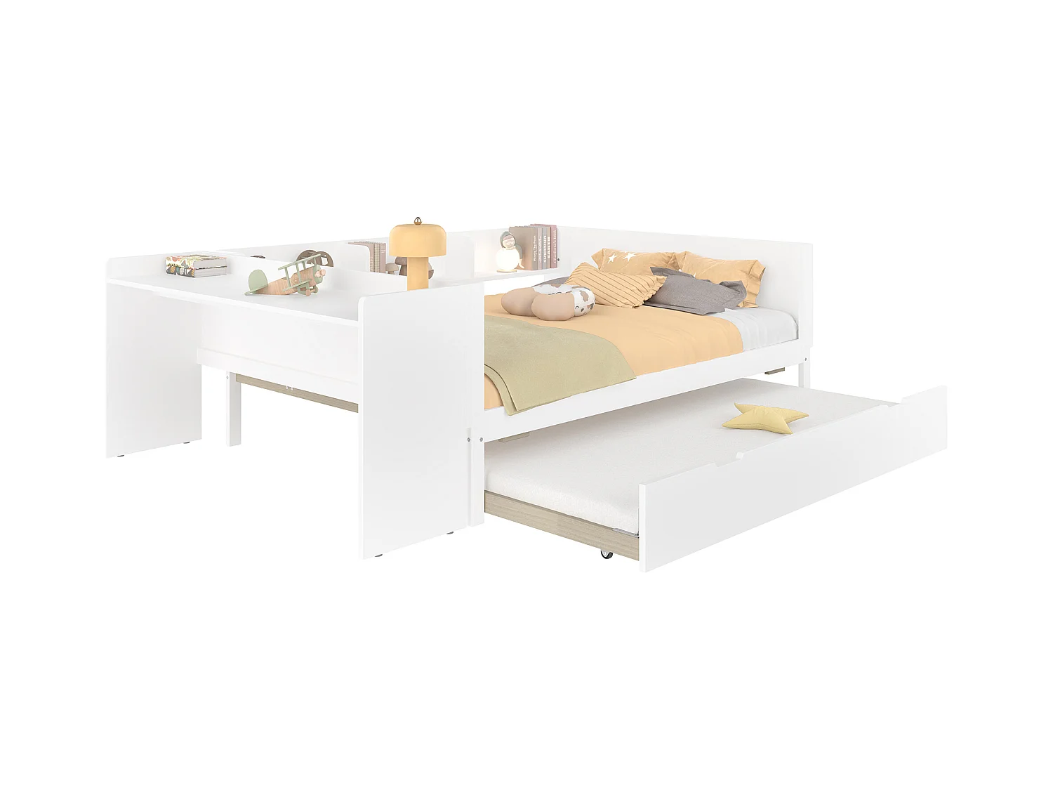 lit gigogne - 140 x 200 cm + 90 x 190 cm - rangements + bureau - sans matelas - pin + aggloméré - blanc