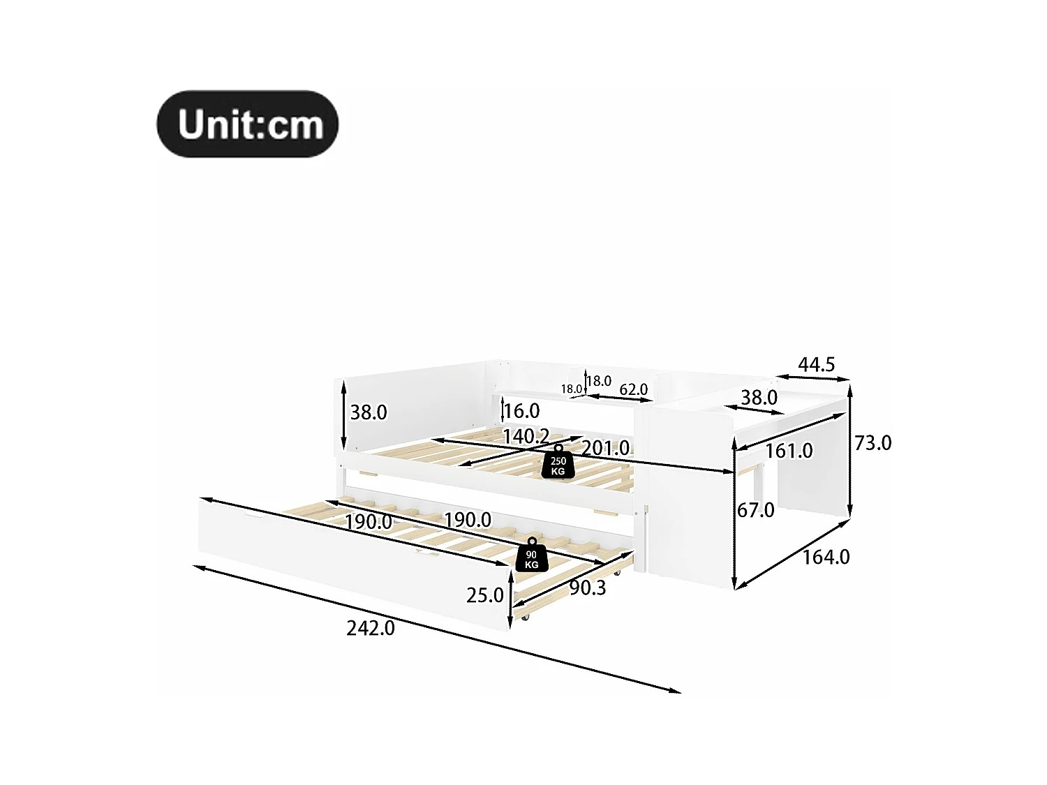 lit gigogne - 140 x 200 cm + 90 x 190 cm - rangements + bureau - sans matelas - pin + aggloméré - blanc