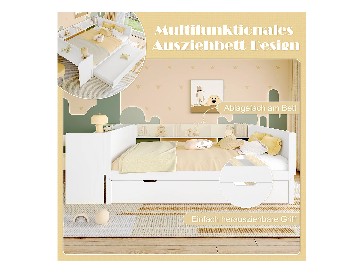 lit gigogne - 140 x 200 cm + 90 x 190 cm - rangements + bureau - sans matelas - pin + aggloméré - blanc