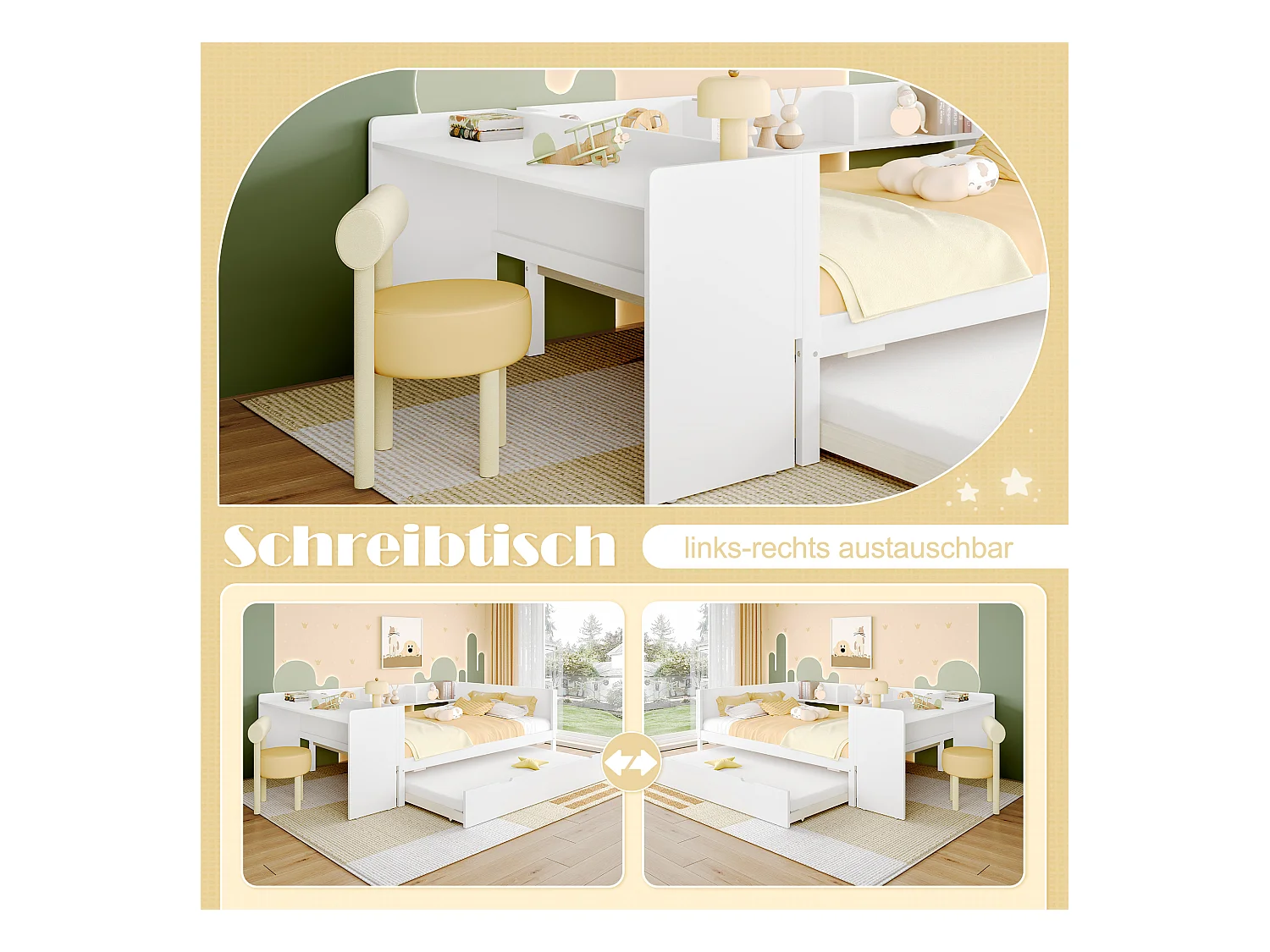 lit gigogne - 140 x 200 cm + 90 x 190 cm - rangements + bureau - sans matelas - pin + aggloméré - blanc