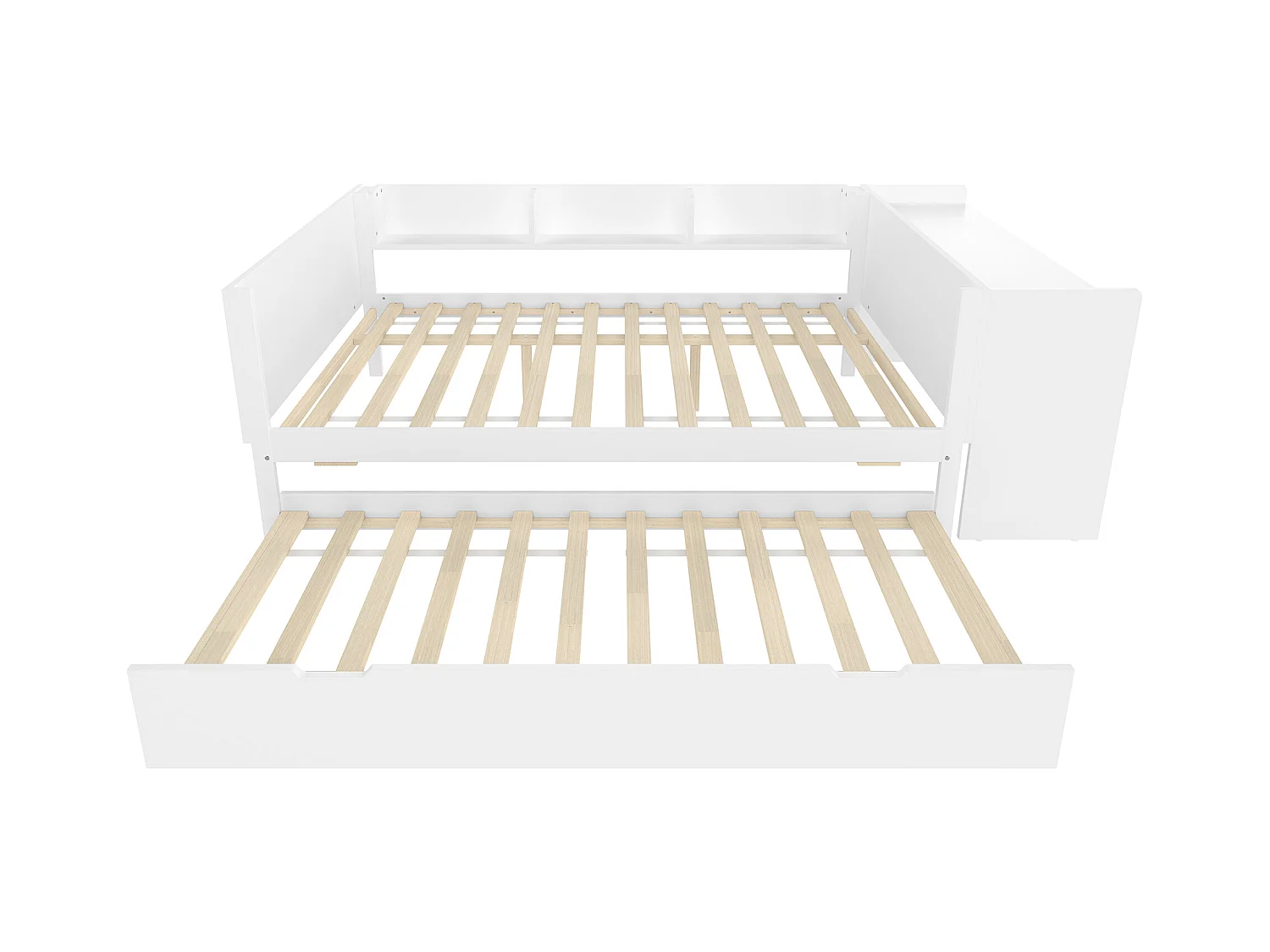 lit gigogne - 140 x 200 cm + 90 x 190 cm - rangements + bureau - sans matelas - pin + aggloméré - blanc