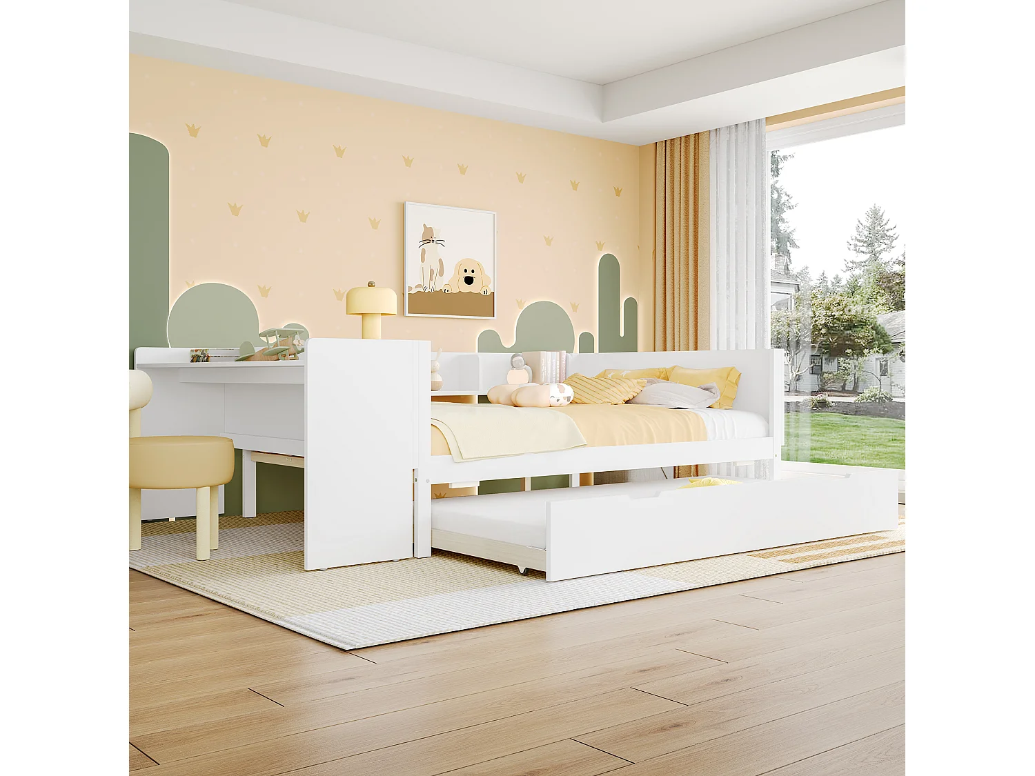 lit gigogne - 140 x 200 cm + 90 x 190 cm - rangements + bureau - sans matelas - pin + aggloméré - blanc