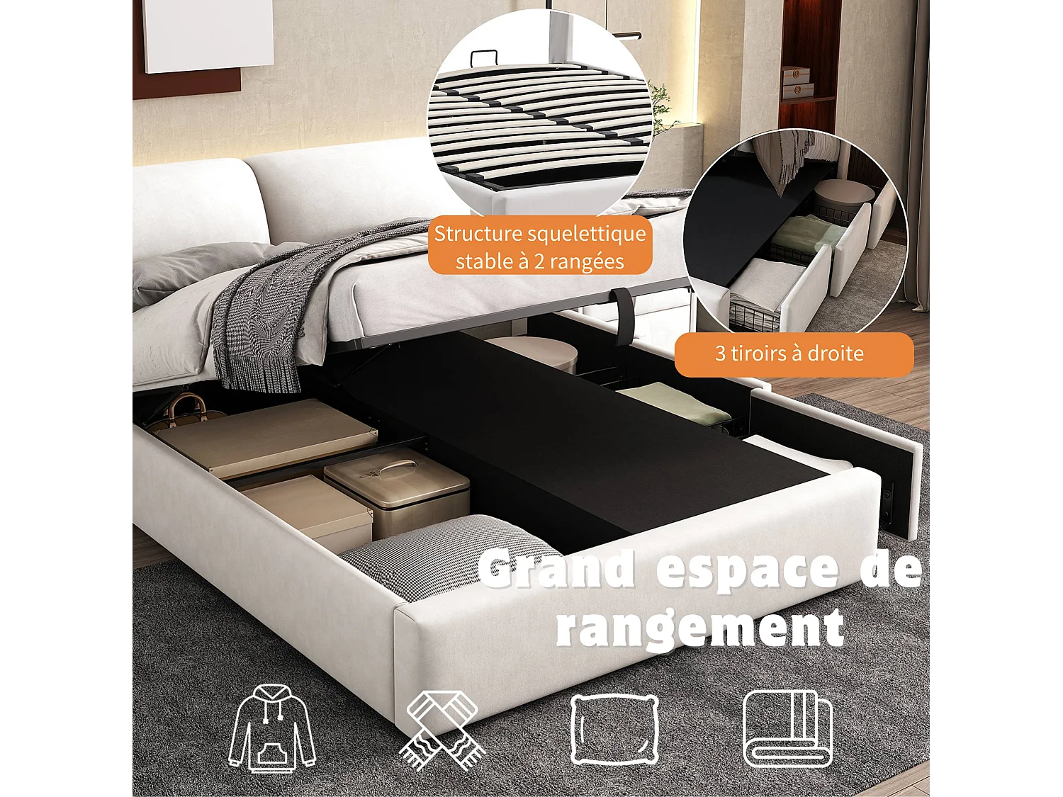Gestoffeerd opbergbed - 140 x 190 cm - met 3 lades en hoofdbord - fluwelen stof - beige