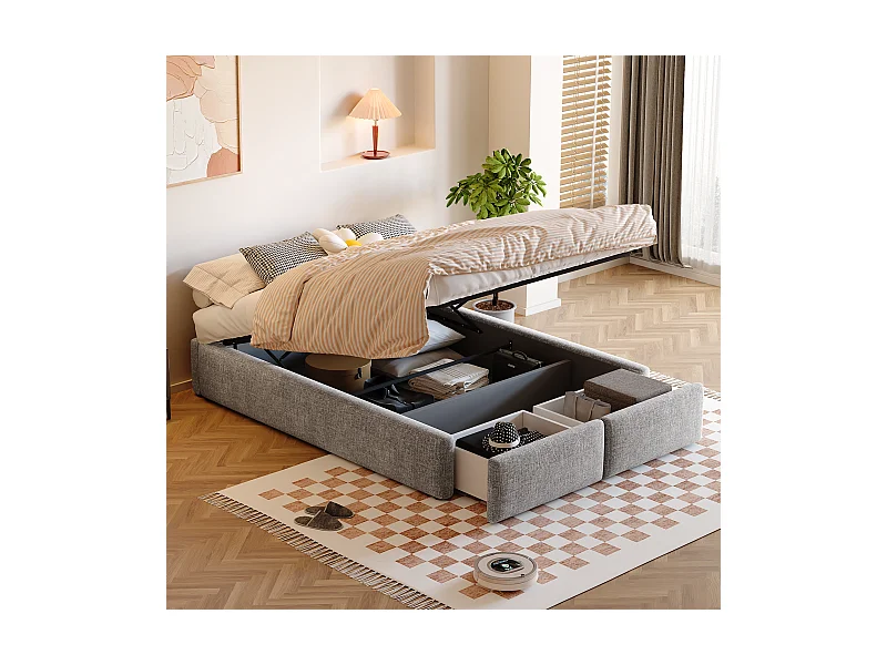 Gepolstertes Stauraumbett - 140 x 200 cm - mit 2 Schubladen und ohne Kopfteil - Leinen + MDF - grau