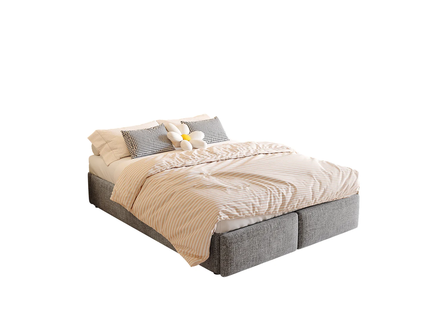 Lit coffre rembourré - 140 x 200 cm - avec 2 tiroirs et sans tête de lit - Lin + MDF - gris