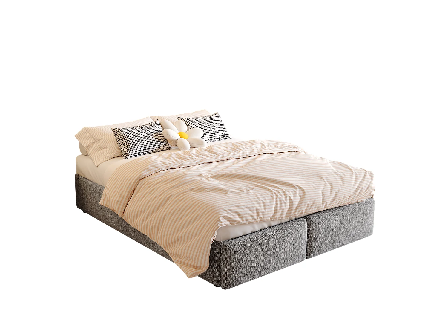 Gepolstertes Stauraumbett - 140 x 200 cm - mit 2 Schubladen und ohne Kopfteil - Leinen + MDF - grau