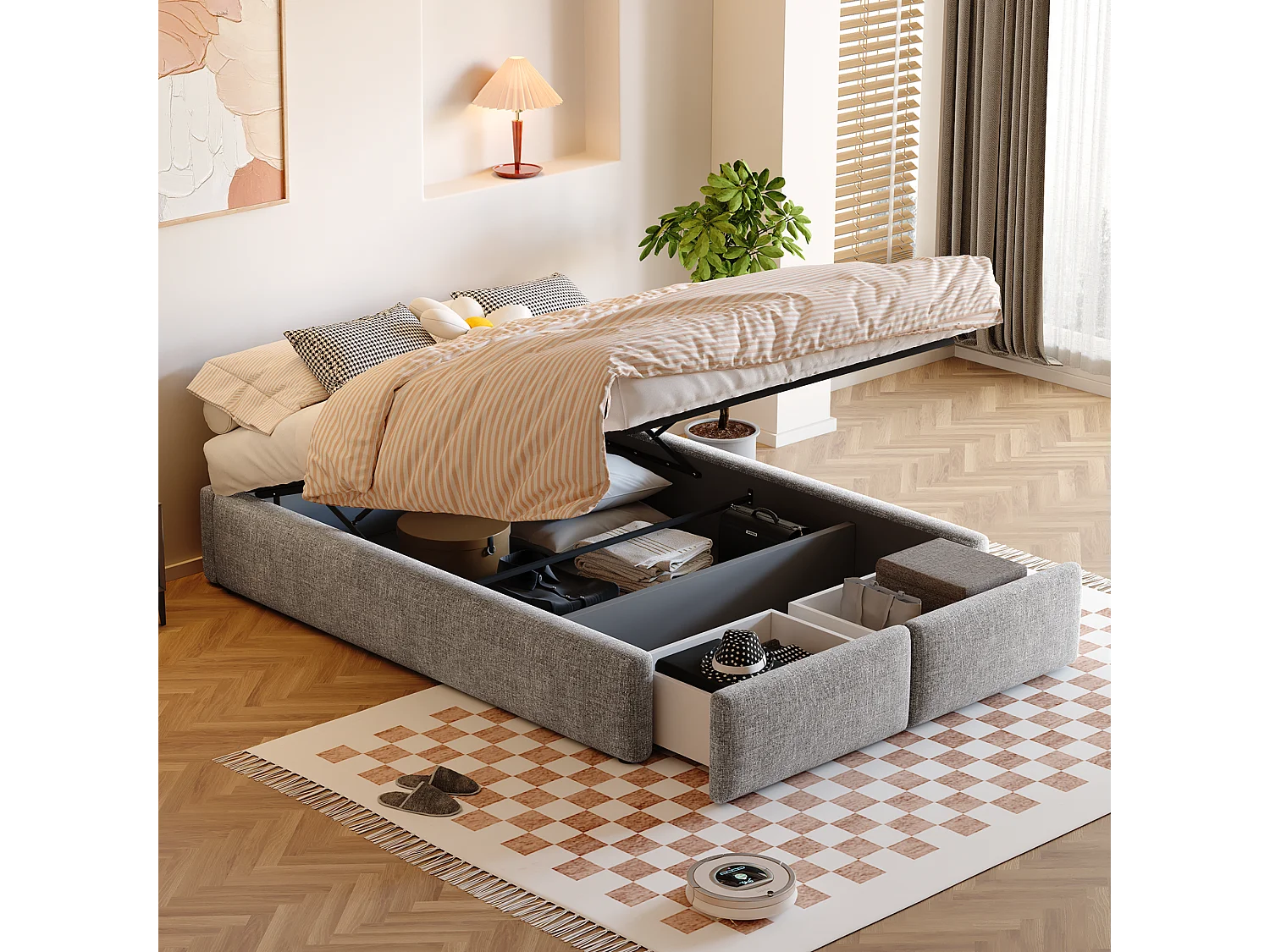 Lit coffre rembourré - 140 x 200 cm - avec 2 tiroirs et sans tête de lit - Lin + MDF - gris