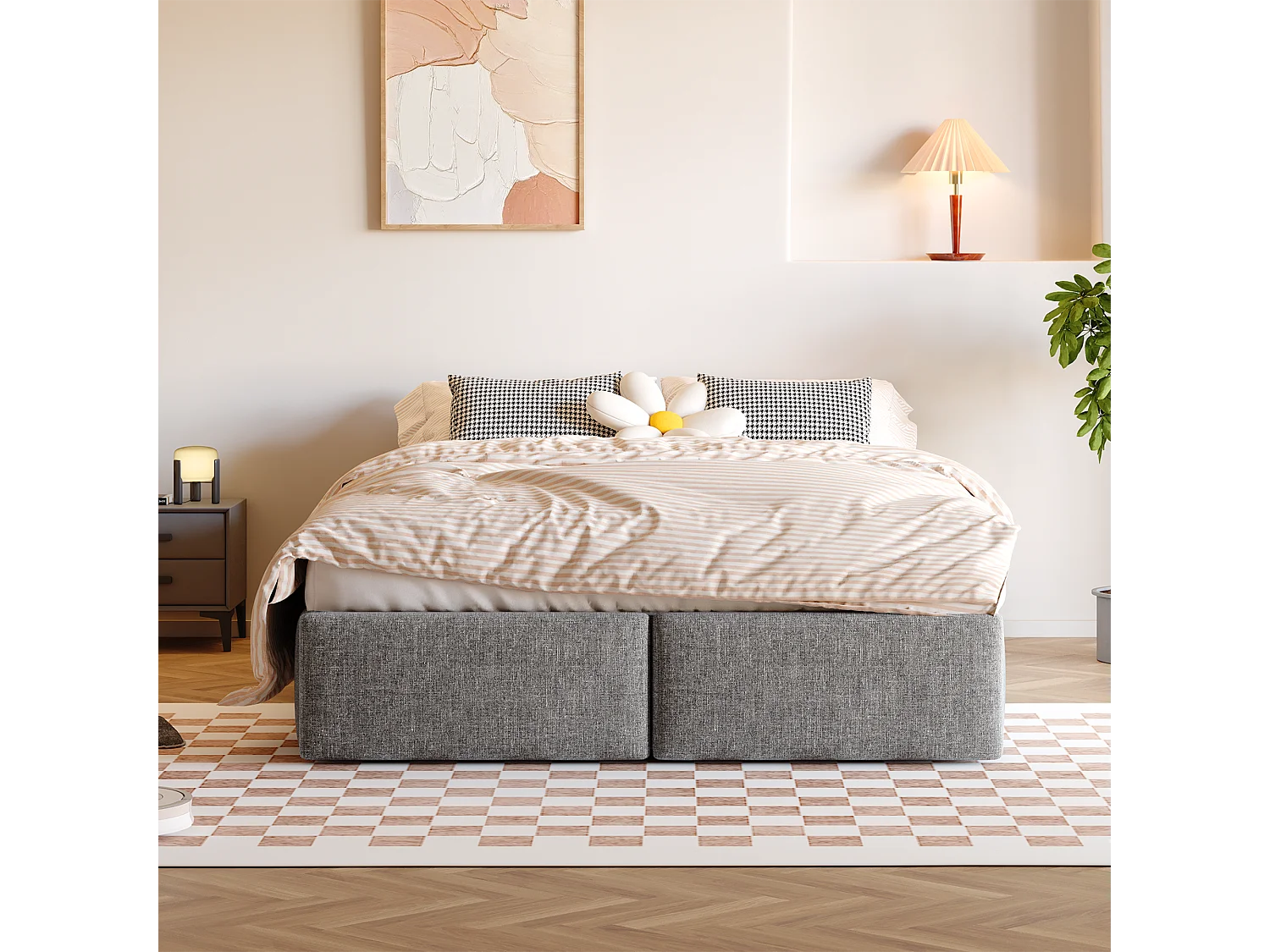 Lit coffre rembourré - 140 x 200 cm - avec 2 tiroirs et sans tête de lit - Lin + MDF - gris