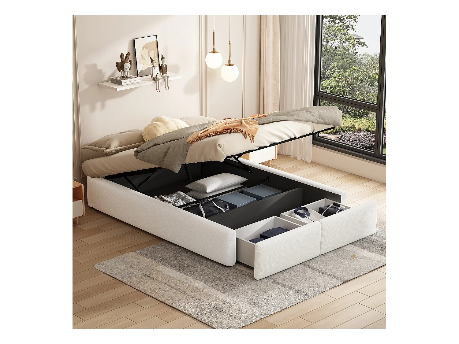 Lit coffre rembourré - 140 x 200 cm - avec 2 tiroirs et sans tête de lit - Lin + MDF - gris