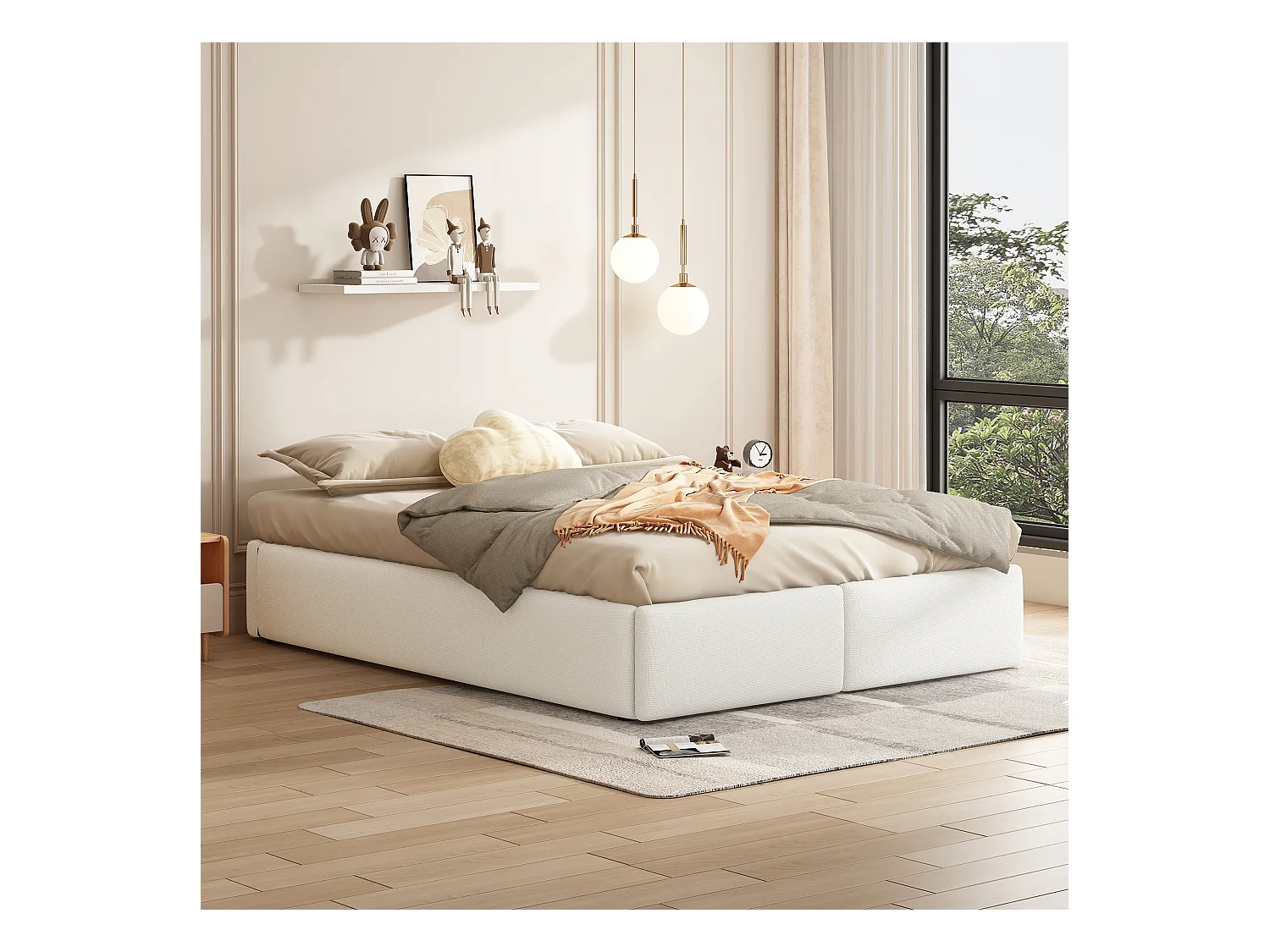 Letto contenitore imbottito - 140 x 200 cm - con 2 cassetti e senza testiera - Lino + MDF - grigio