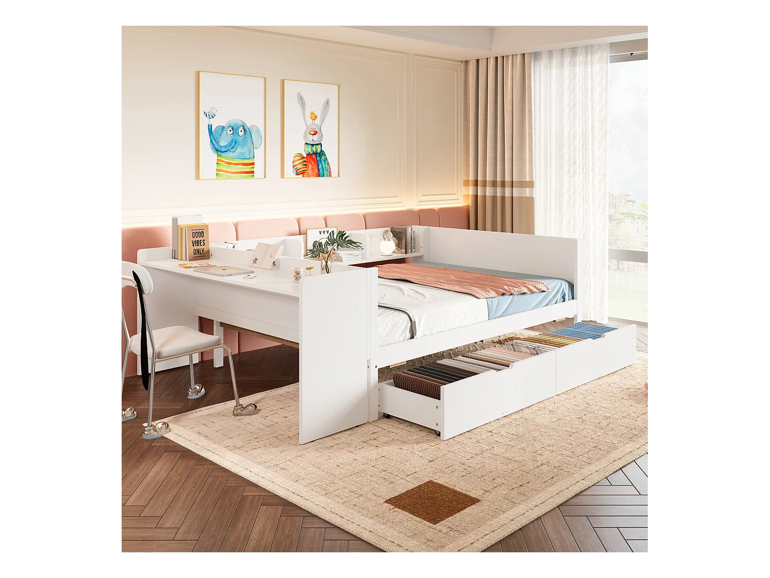 lit double coffre - 140 x 200 cm - 2 tiroirs + bureau - sans matelas - pin + aggloméré - blanc