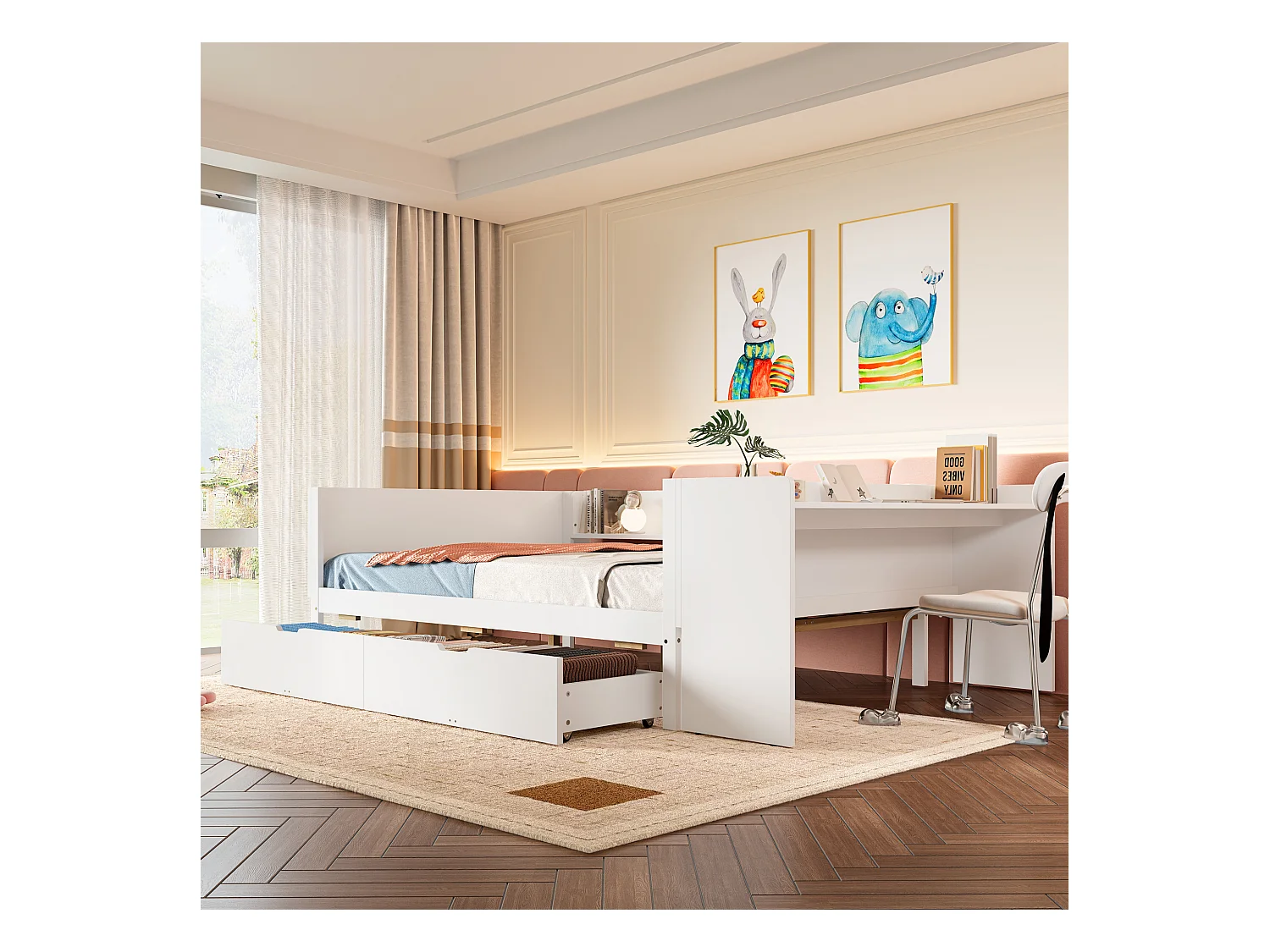 lit double coffre - 140 x 200 cm - 2 tiroirs + bureau - sans matelas - pin + aggloméré - blanc