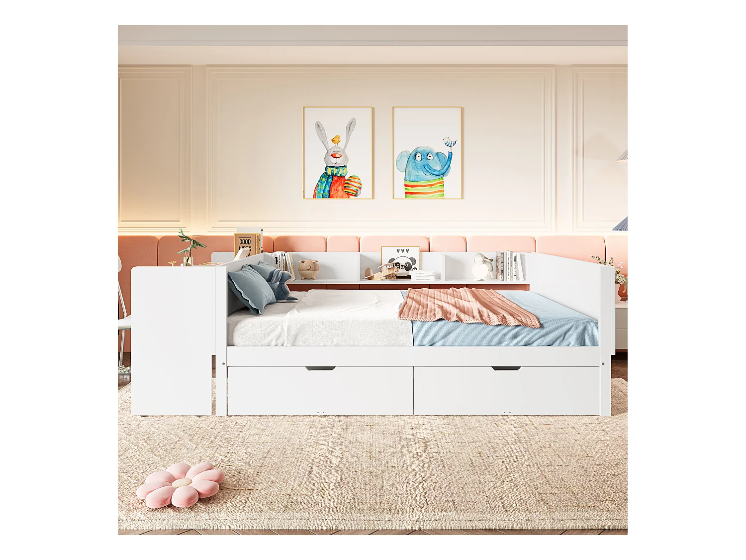 lit double coffre - 140 x 200 cm - 2 tiroirs + bureau - sans matelas - pin + aggloméré - blanc