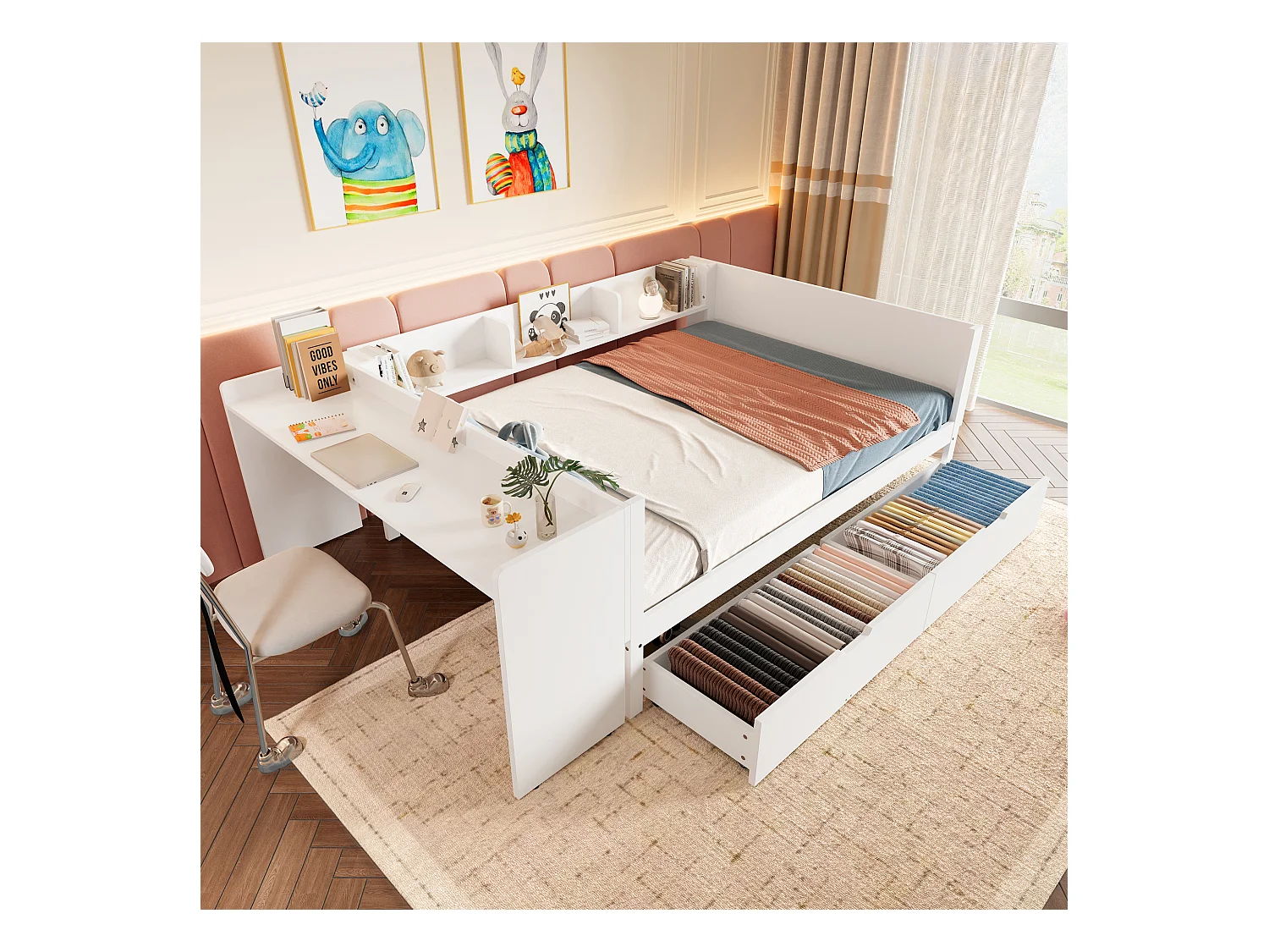 lit double coffre - 140 x 200 cm - 2 tiroirs + bureau - sans matelas - pin + aggloméré - blanc