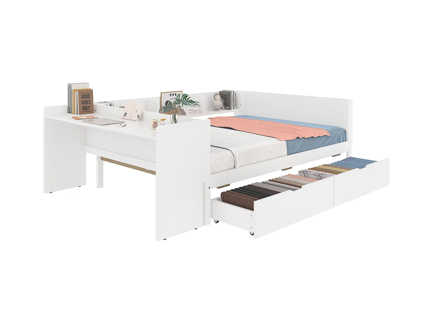 lit double coffre - 140 x 200 cm - 2 tiroirs + bureau - sans matelas - pin + aggloméré - blanc