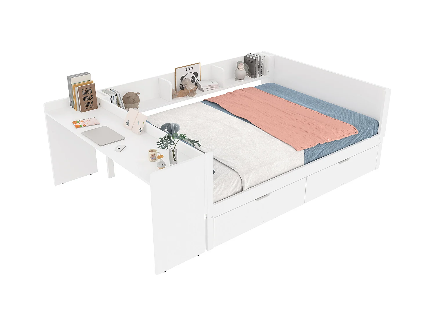 lit double coffre - 140 x 200 cm - 2 tiroirs + bureau - sans matelas - pin + aggloméré - blanc