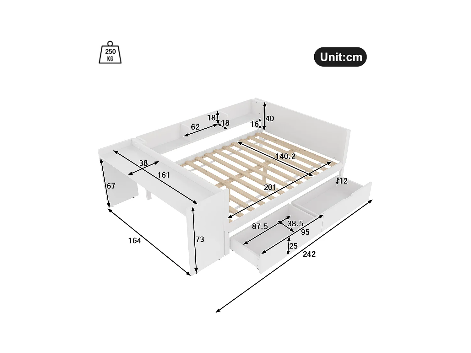lit double coffre - 140 x 200 cm - 2 tiroirs + bureau - sans matelas - pin + aggloméré - blanc