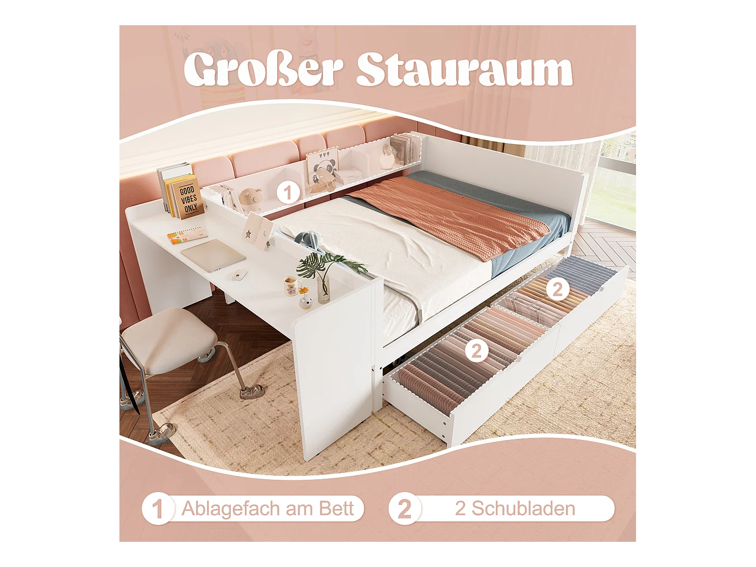 lit double coffre - 140 x 200 cm - 2 tiroirs + bureau - sans matelas - pin + aggloméré - blanc