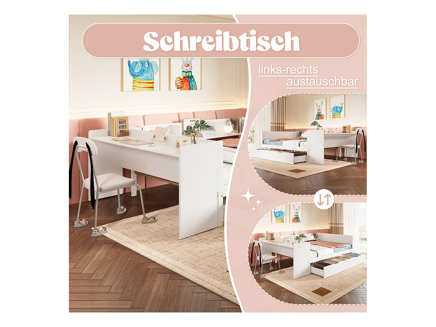 lit double coffre - 140 x 200 cm - 2 tiroirs + bureau - sans matelas - pin + aggloméré - blanc