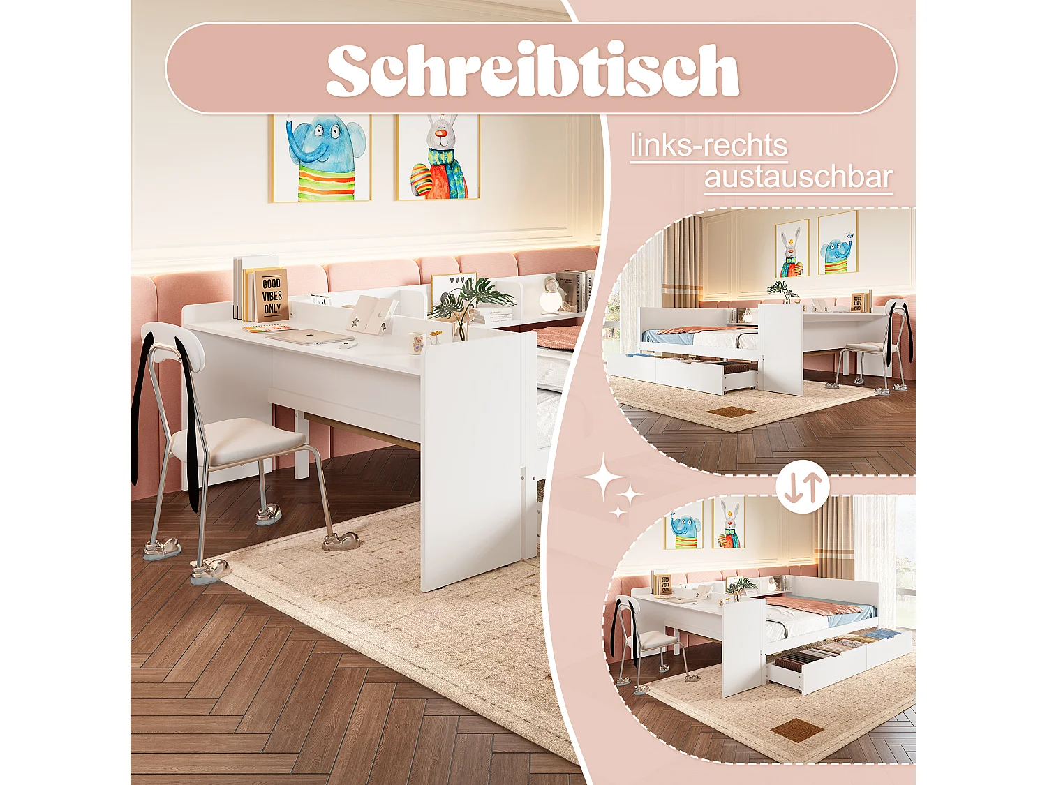 lit double coffre - 140 x 200 cm - 2 tiroirs + bureau - sans matelas - pin + aggloméré - blanc