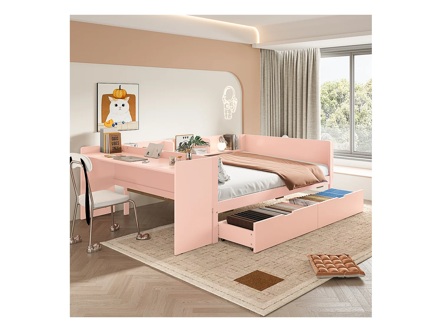 lit double coffre - 140 x 200 cm - 2 tiroirs + bureau - sans matelas - pin + aggloméré - rose