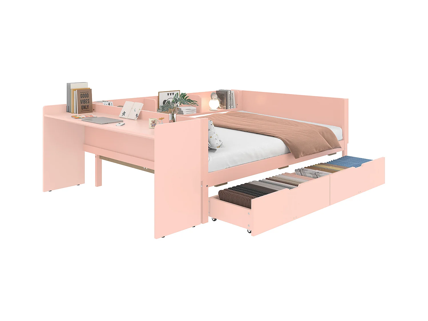 lit double coffre - 140 x 200 cm - 2 tiroirs + bureau - sans matelas - pin + aggloméré - rose