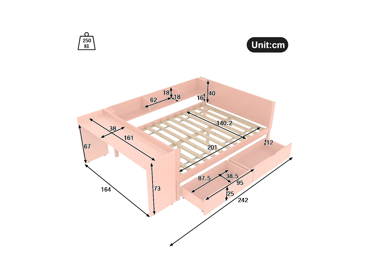lit double coffre - 140 x 200 cm - 2 tiroirs + bureau - sans matelas - pin + aggloméré - rose