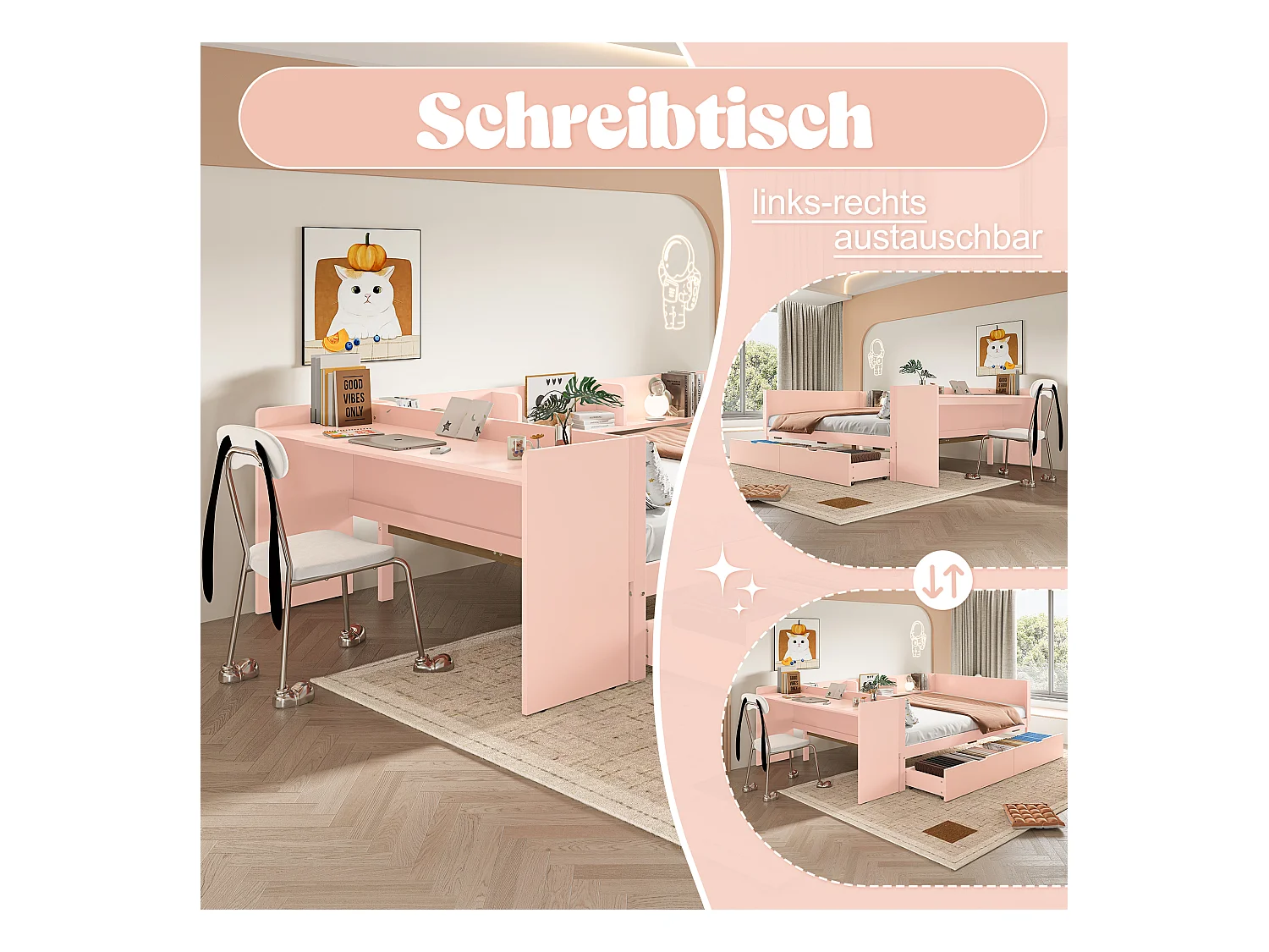 lit double coffre - 140 x 200 cm - 2 tiroirs + bureau - sans matelas - pin + aggloméré - rose