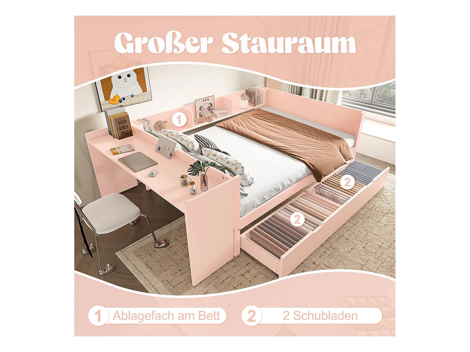 lit double coffre - 140 x 200 cm - 2 tiroirs + bureau - sans matelas - pin + aggloméré - rose