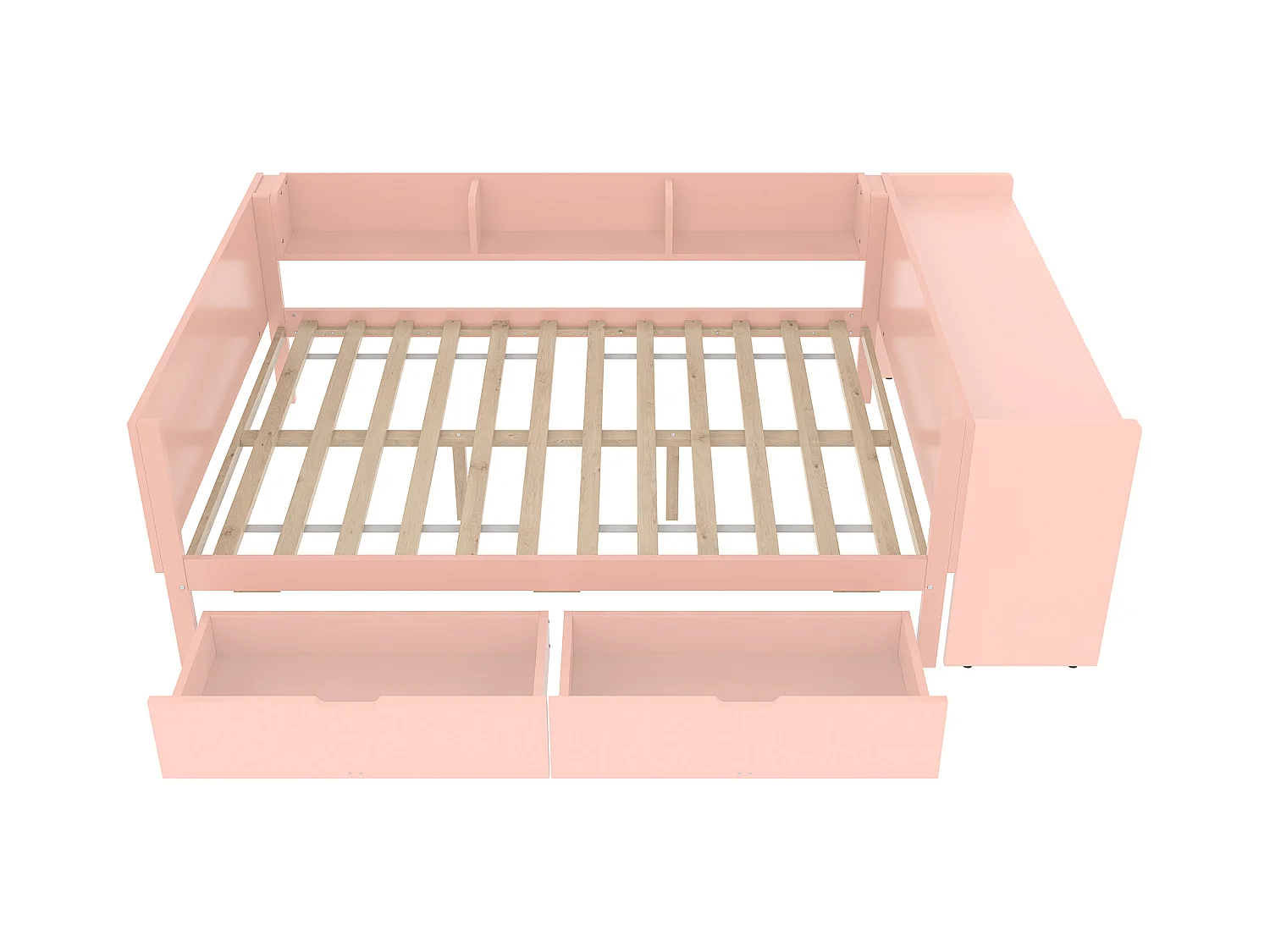 lit double coffre - 140 x 200 cm - 2 tiroirs + bureau - sans matelas - pin + aggloméré - rose