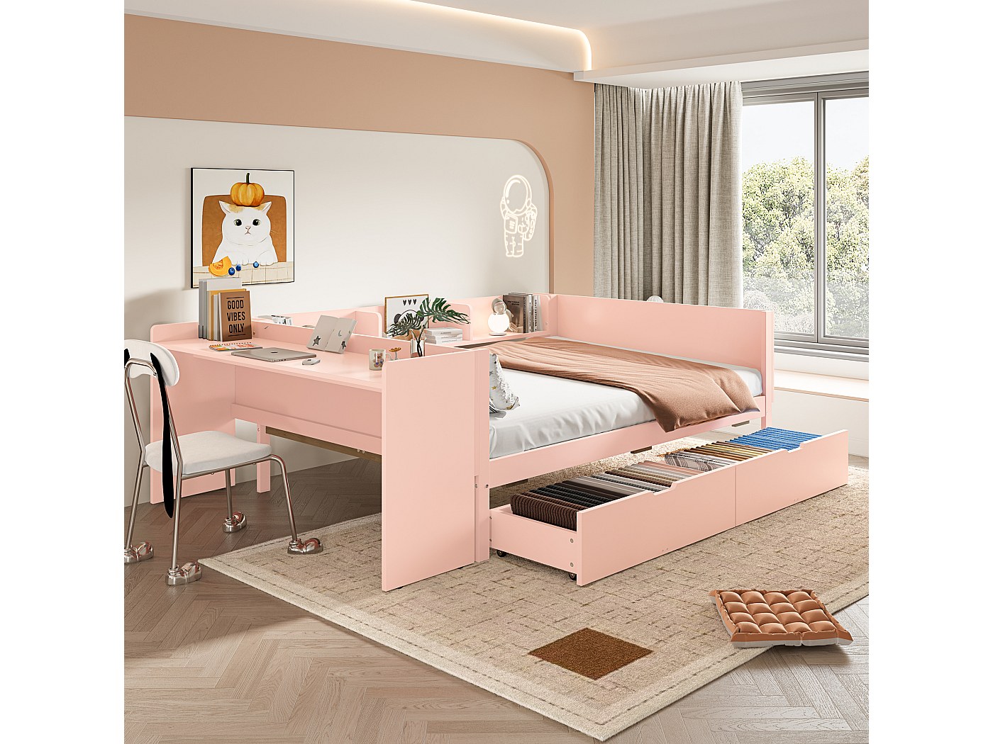 Cama Doble Con Almacenaje 140 X 200 Cm 2 Cajones Escritorio Sin 