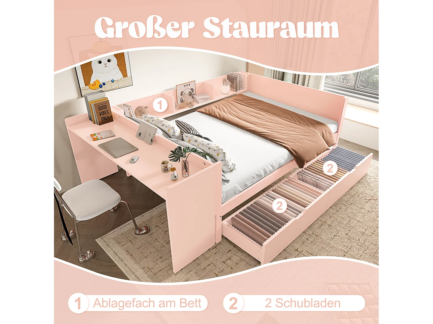 cama de casal com arrumação - 140 x 200 cm - 2 gavetas + secretária - sem colchão - pinho + aglomerado - rosa