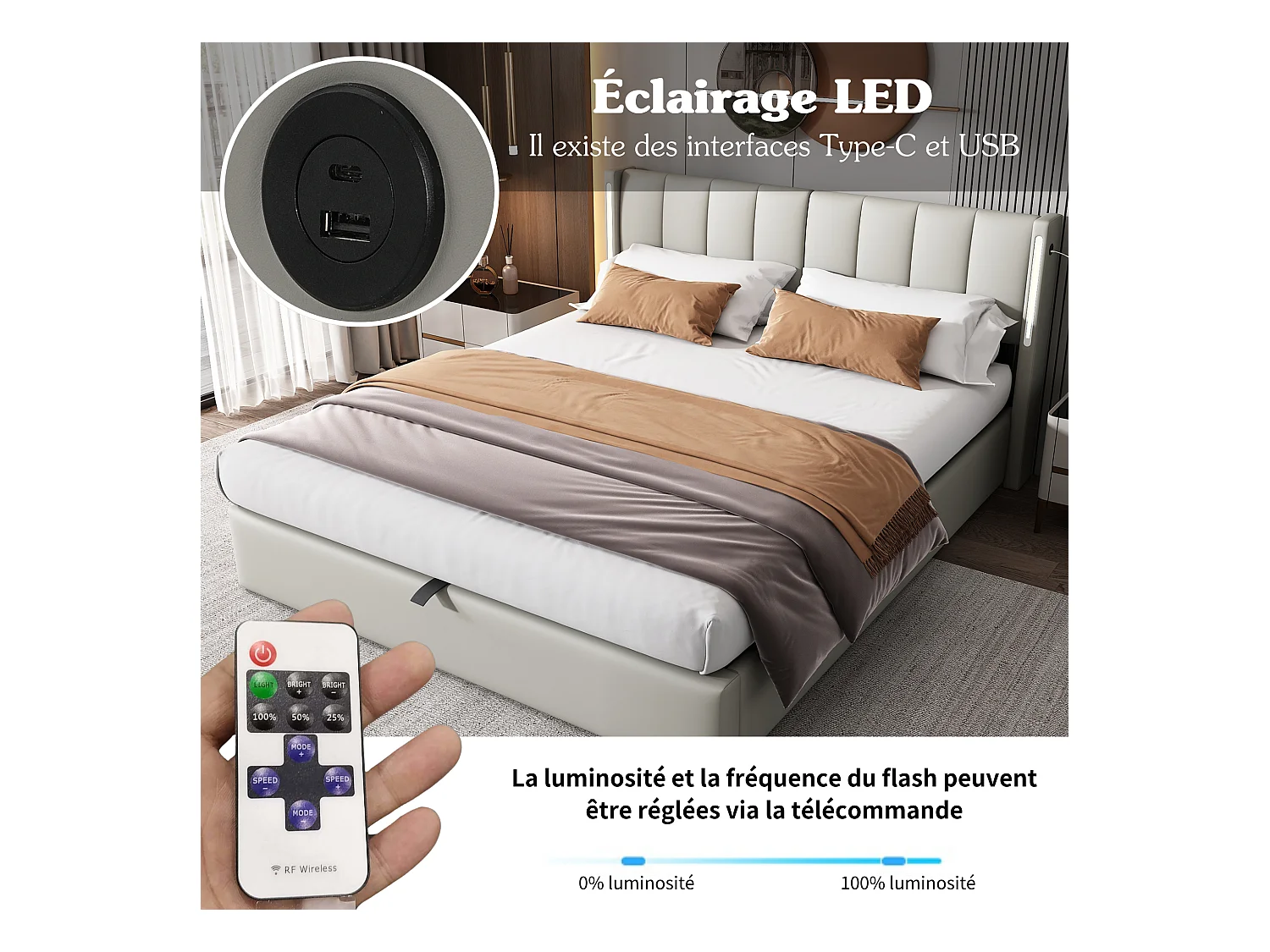 Lit coffre rembourré - 140 x 190 cm - avec port USB + Leds + tête de lit réglable - tissu PU - gris