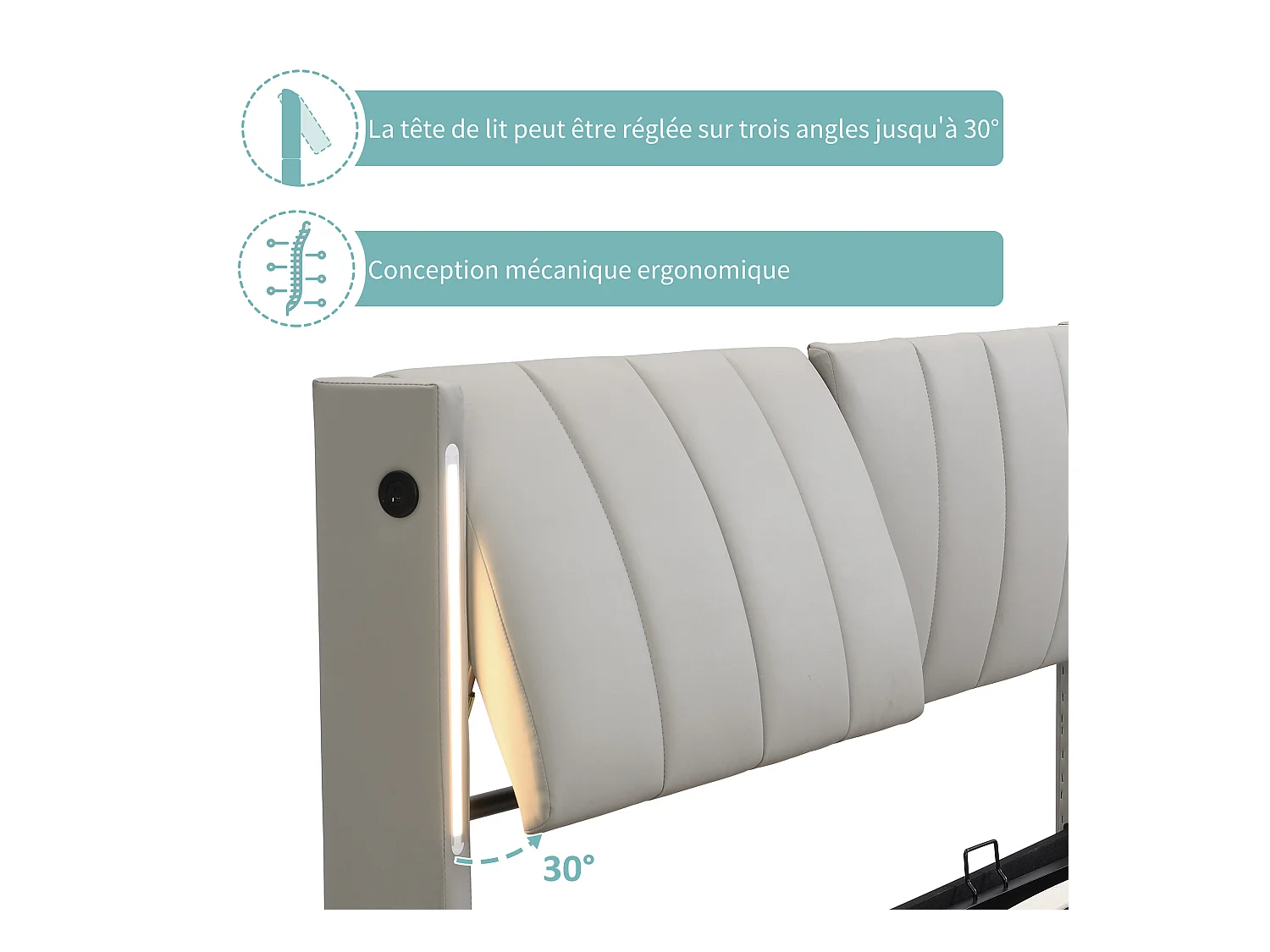 Lit coffre rembourré - 140 x 190 cm - avec port USB + Leds + tête de lit réglable - tissu PU - gris