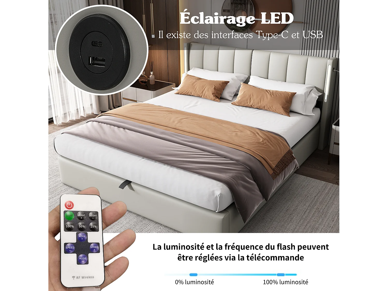 Lit coffre rembourré - 140 x 190 cm - avec port USB + Leds + tête de lit réglable - tissu PU - gris