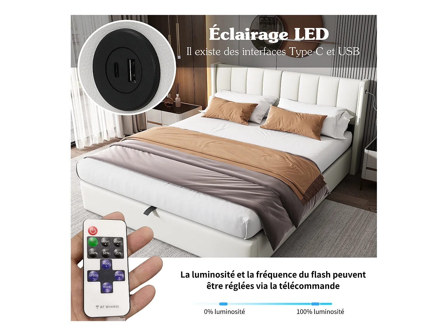 Lit coffre rembourré - 140 x 190 cm - avec port USB + Leds + tête de lit réglable - tissu PU - blanc