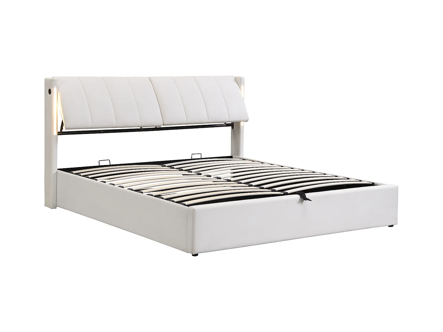 Lit coffre rembourré - 140 x 190 cm - avec port USB + Leds + tête de lit réglable - tissu PU - blanc