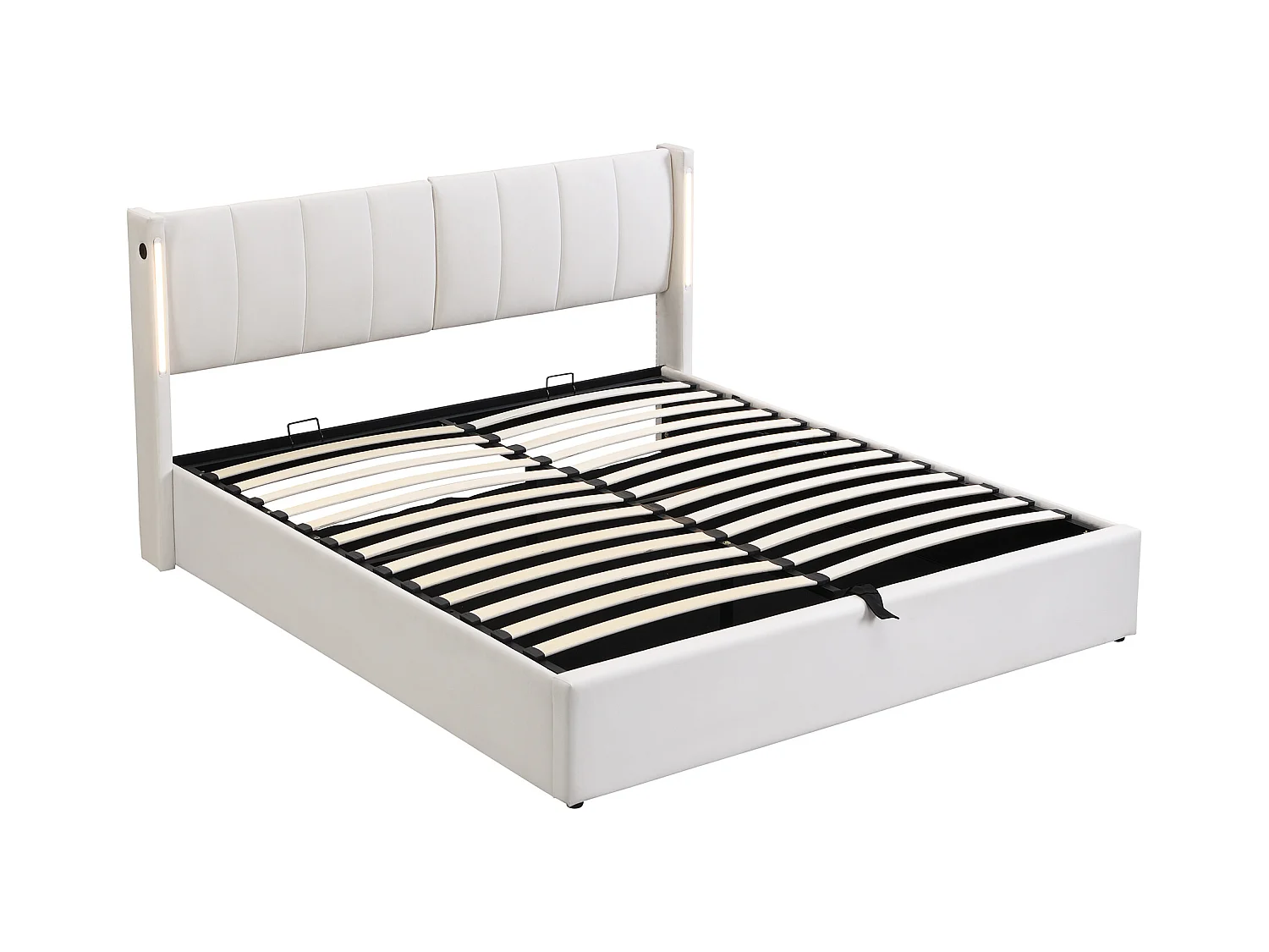 Lit coffre rembourré - 140 x 190 cm - avec port USB + Leds + tête de lit réglable - tissu PU - blanc
