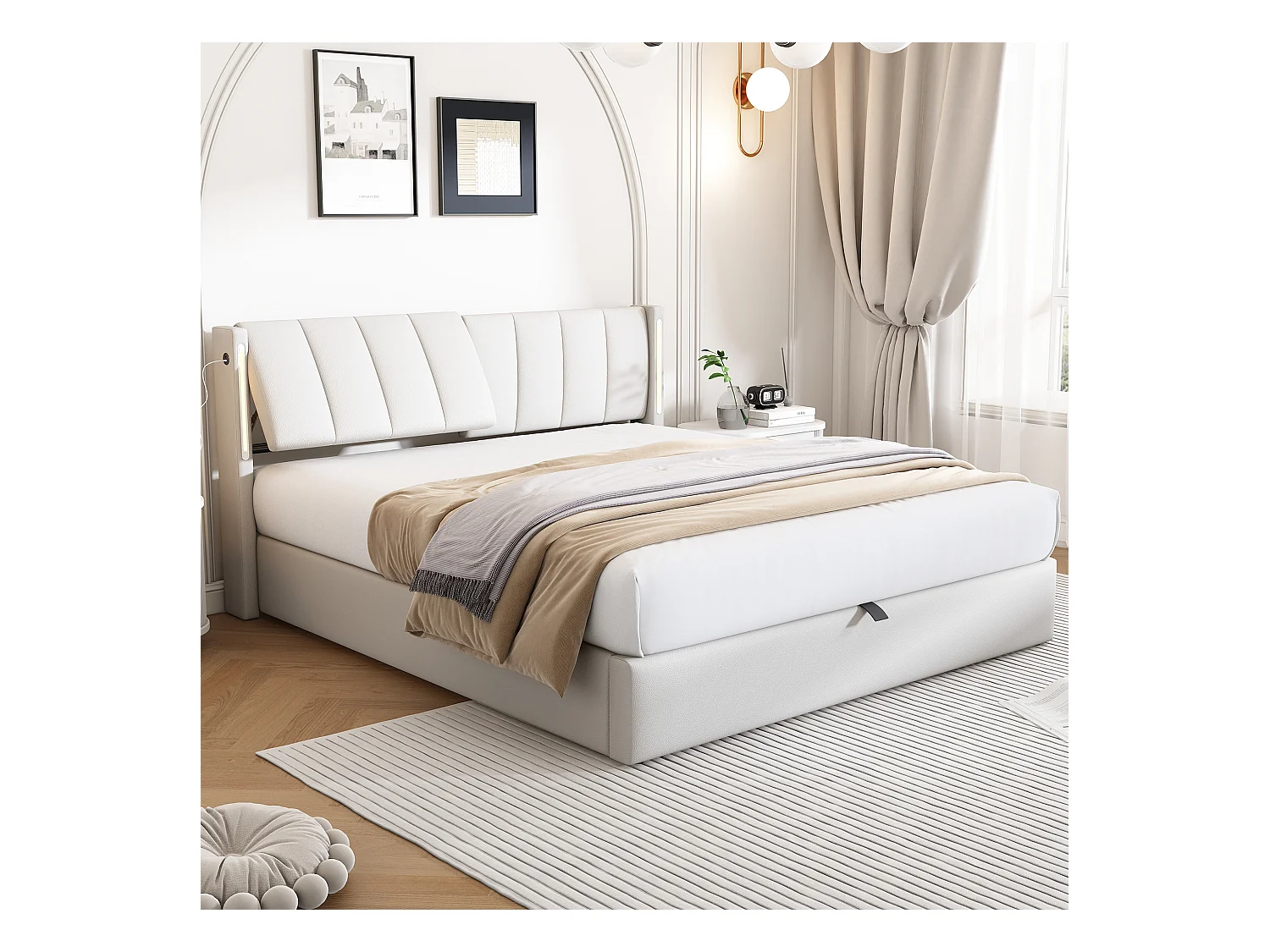 Gestoffeerd opbergbed - 140 x 190 cm - met USB-poort + LED's + verstelbaar hoofdeinde - PU-stof - wit