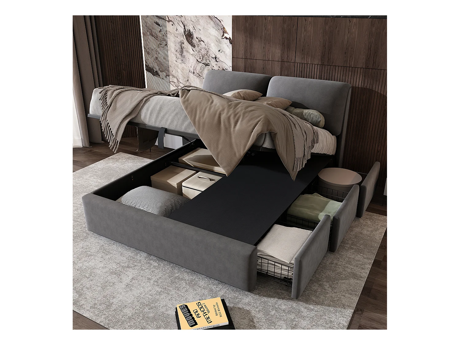 Lit coffre rembourré - 140 x 190 cm - avec 3 tiroirs et tête de lit - tissu en velours - gris