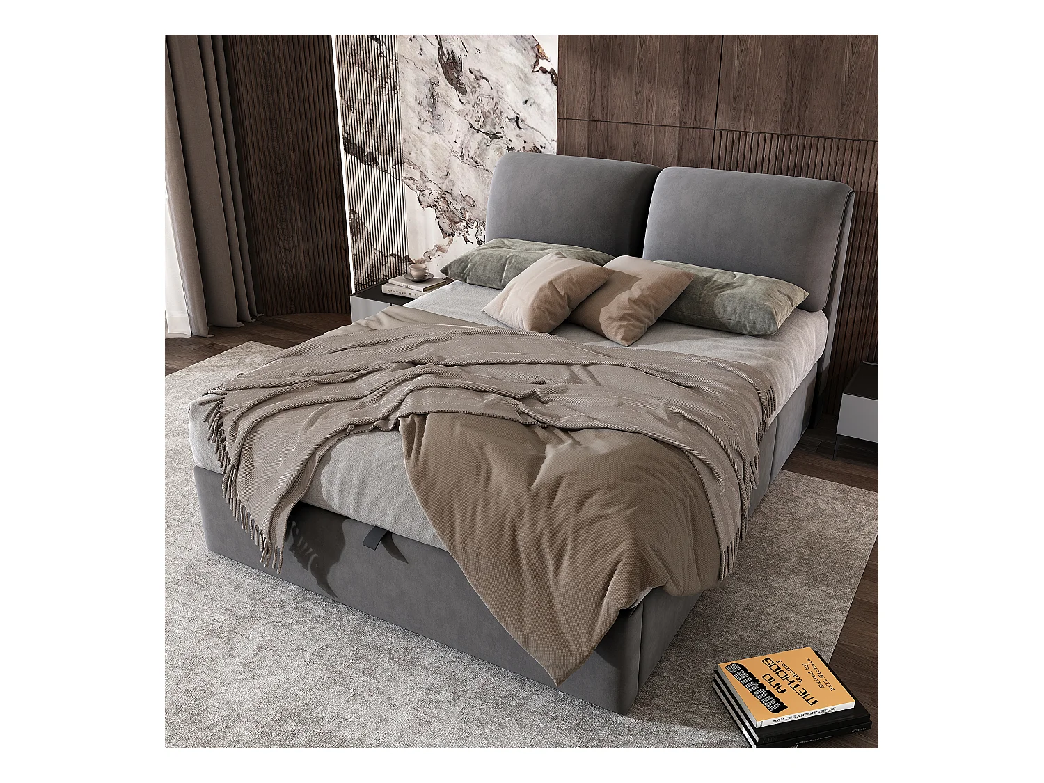 Lit coffre rembourré - 140 x 190 cm - avec 3 tiroirs et tête de lit - tissu en velours - gris