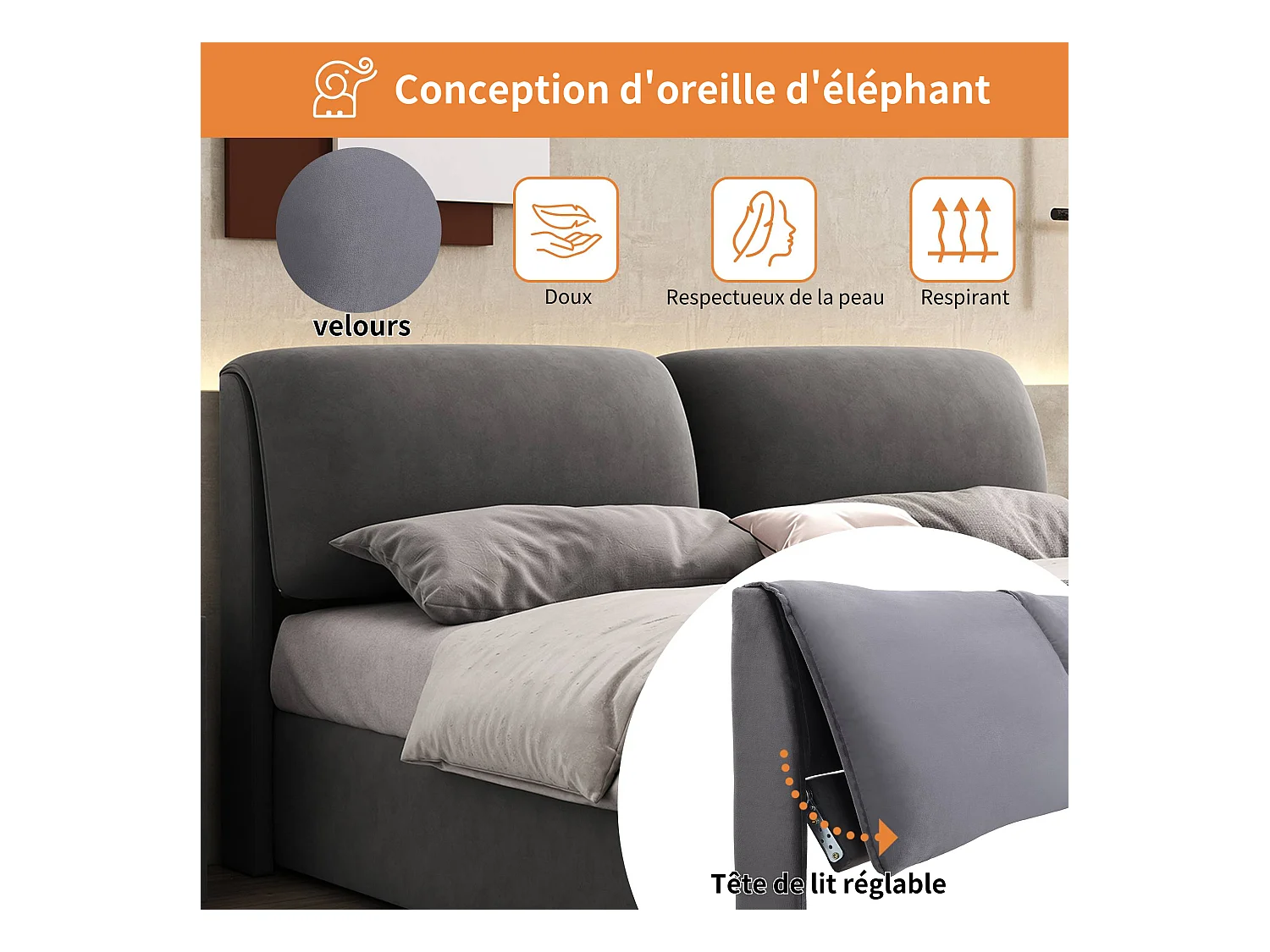 Lit coffre rembourré - 140 x 190 cm - avec 3 tiroirs et tête de lit - tissu en velours - gris