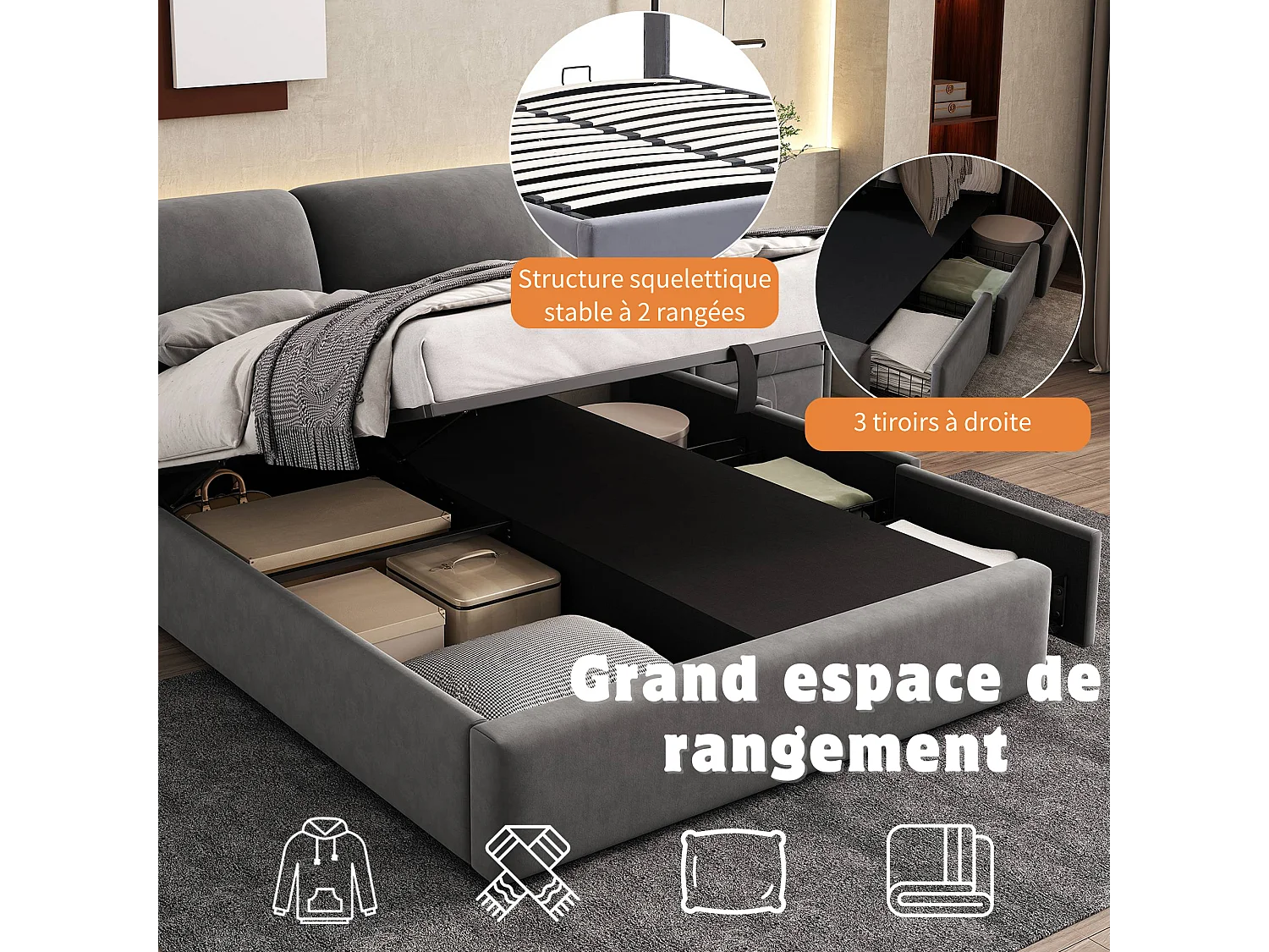 Lit coffre rembourré - 140 x 190 cm - avec 3 tiroirs et tête de lit - tissu en velours - gris