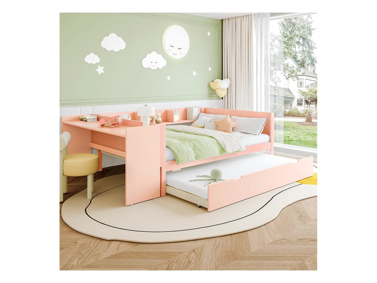 lit gigogne - 140 x 200 cm + 90 x 190 cm - rangements + bureau - sans matelas - pin + aggloméré - rose