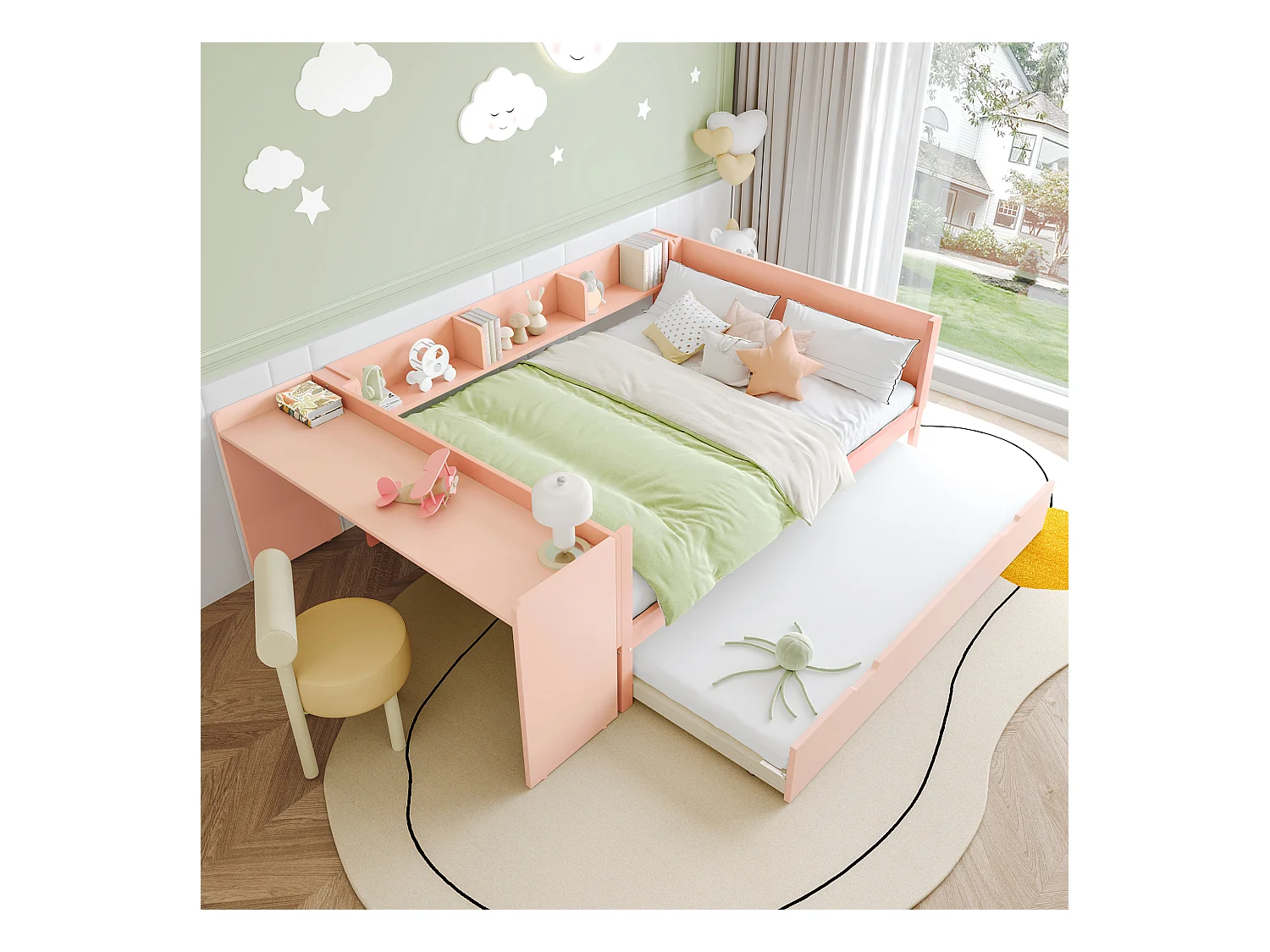 lit gigogne - 140 x 200 cm + 90 x 190 cm - rangements + bureau - sans matelas - pin + aggloméré - rose